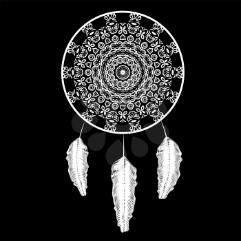 Dream Catcher Silhouette with Feathers Isolated on Black Background