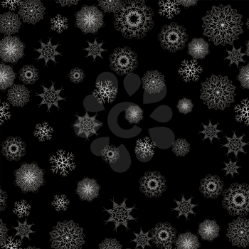 Snow Flakes Seamless Pattern on Black Background. Winter Christmas Decorative Texture