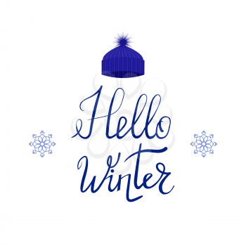 Hello Winter Typographic Poster with Blue Knitted Cap. Hand Drawn Phrase. Lettering on White Background