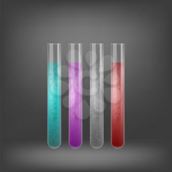 Chemical Test Tube Set with Colored Liquids on Grey Blurred Background