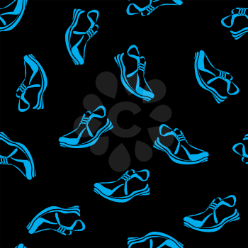 Blue running shoes seamless pattern on black background