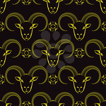 Yellow Ram Head Seamless Pattern on Black Background