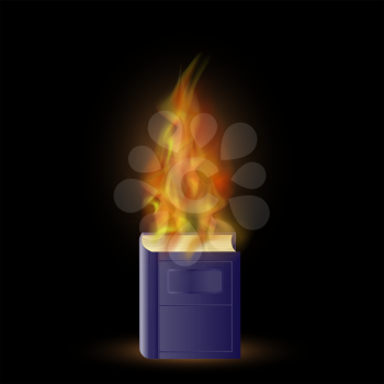 Burning Blue Book with Fire Flame Isolated on Black Background