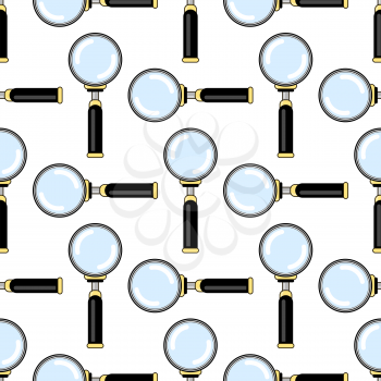 Magnifying Glass with Reflection Seamless Pattern on White Background. Magnify Icon in Flat Style Design. Magnifier or Loure Sign. Search Searching Looking For Research Information.