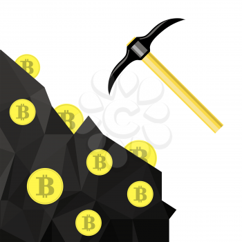 Golden Bitcoin on White Background. Crypto Currency Mining with Coins and Pickaxes