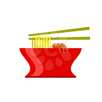 Asian Food Icon. Hot Noodle Soup with Shrimps on White Background