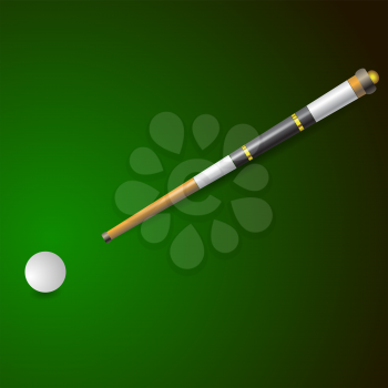 White Ball and Wooden Cue for Billiards Isolated on Green Blurred Background