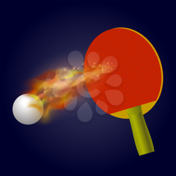 Table Tennis Racket and Ball with Fire Flame Isolated on Blue Background