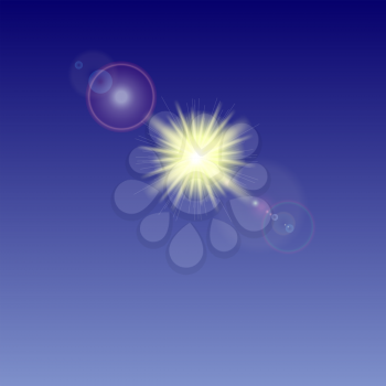Yellow Sun Background.  Summer Pattern. Blue Sky with Sunshine. Sunburst with Flare and Lens.