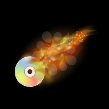 Digital Burning Compact Disc with Fire and Flame on Dark Background