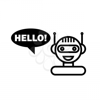 Black Line Chat Bot on White Background. Artificial Intelligence Concept of UI. Cute Smiling Chatbot Icon. Robot Virtual Assistance. Online Consultation.