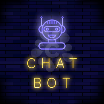 Neon Chat Bot on Blue Brick Background. Artificial Intelligence Concept of UI. Cute Smiling Chatbot Icon. Robot Virtual Assistance. Online Consultation.