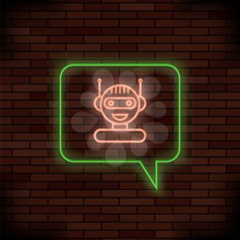 Neon Chat Bot on Brick Background. Artificial Intelligence Concept of UI. Cute Smiling Chatbot Icon. Robot Virtual Assistance. Online Consultation.