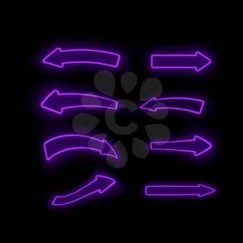 Set of Different Neon Purple Arrows Isolated on Black Background