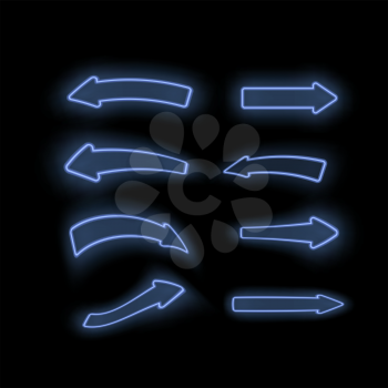 Set of Different Neon Blue Arrows Isolated on Black Background