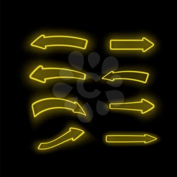Set of Different Neon Yellow Arrows Isolated on Black Background