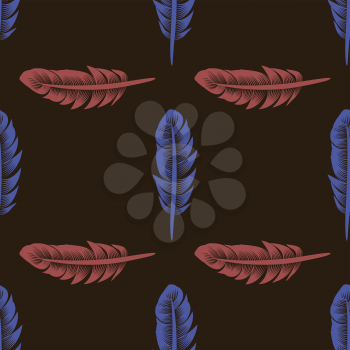 Blue Red Feathers Seamless Pattern on Brown Background