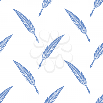 Blue Feathers Seamless Pattern on White Background
