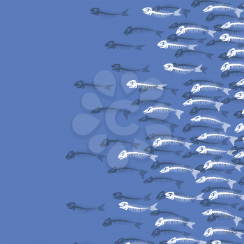 White Fish Bone Skeleton Isolated on Blue Background. Sea Fishes Icons.