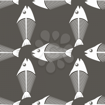 Fish Bone Skeleton Seamless Pattern Isolated on Grey Background. Sea Fishes Icons.