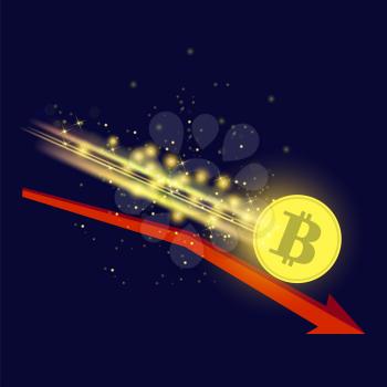 Gold Bitcoin Icon and Red Arrow Isolated on Blue Background