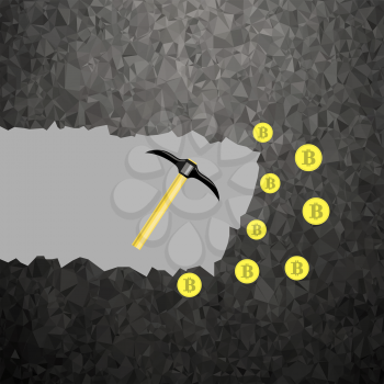 Golden Bitcoin on Grey Polygonal Background. Crypto Currency Mining with Coins and Pickaxes