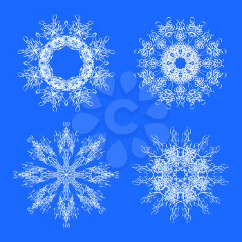 Set of Different Winter White Snowflakes Isolated on Blue Backgground.