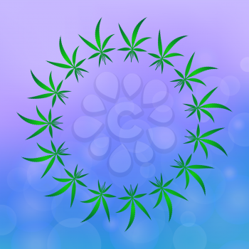 Green Cannabis Leaves Pattern. Marijuana Circle Frame on Blue Pink Blurred Background