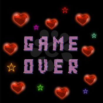 Retro Pixel Game Over Sign with Hearts and Stars on Black Backround. Gaming Concept. Colored Glitch Design. Video Game Screen.