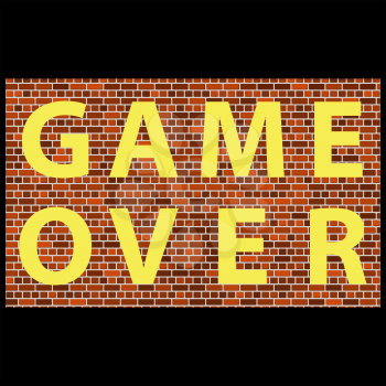 Retro Pixel Game Over Sign on Brick Background. Gaming Concept. Video Game Screen.