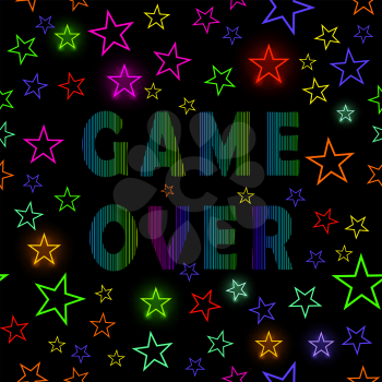 Retro Game Over Neon Sign on Starry Black Background. Gaming Concept. Video Game Screen.