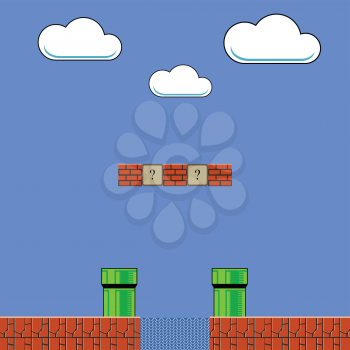 Old Game Background. Classic Retro Arcade Design with Green Pipe and Red Brick. Pixel Video-Game Scenery. Video-Game Interface Design Elements.