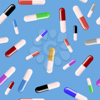 Colorful Pills Blisters Seamless Pattern Isolated on Blue Background