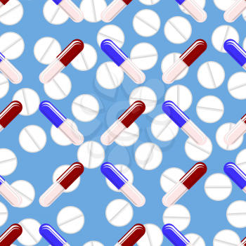 Colorful Pills Seamless Pattern Isolated on Blue Background. Medical Texture.