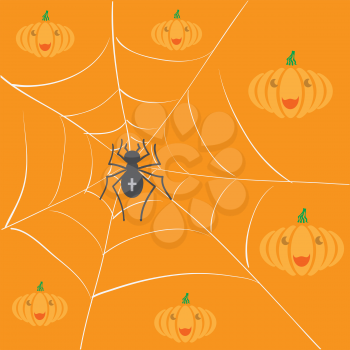 Halloween Decoration Pattern with Pumpkin and Spider on Orange Background.