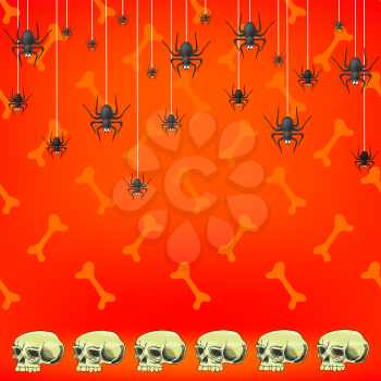 Halloween Decoration Pattern with Skull and Spider Isolated on Red Background.
