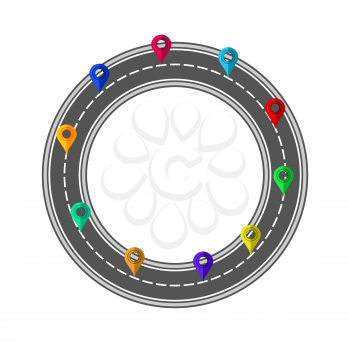 Road and Highway Circle with Markers for City Map Creation. Path Design for Traffic Illustration. Asphalt Traffic Streets Isolated on White.