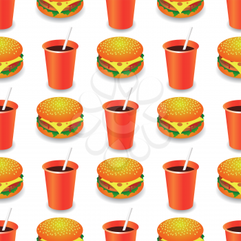 Street Fast Food Seamless Pattern. Fresh Hamburger and Cold Drink. Unhealthy High Calorie Meal. Set of Sandwiches.