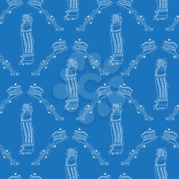 Doodle Medical Seamless Pattern with Toothbrush Isolated on Blue Background. Oral Hygiene Concept. Cleaning of Oral Cavity.