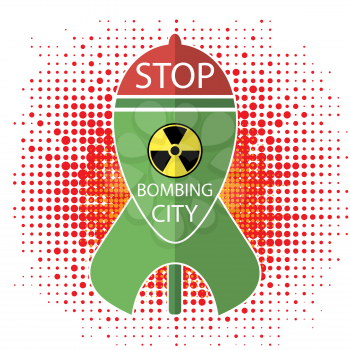 No War Sign on Halftone Background. Green Atomic Bomb with Radiation Sign on Red Background. Nuclear Rocket. Weapon Icon. Explode Flash, Cartoon Explosion, Nuclear Burst.
