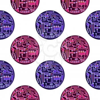 Colorful Circuit Board Sphere Seamless Pattern on White Background. Flat Design. Modern Computer Technology Texture. High Tech Printed Symbol.