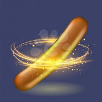 Realistic Hot Grill Sausage and Glowing Circle Isolated on Blue Background. Street Fast Food.