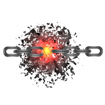 Broken Chain and Explosion on White Background. Freedom Concept.