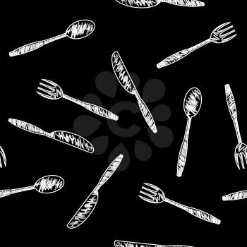 Food Seamless Pattern for Cafe. Fork Spoon Knife Logo Design Isolated on Black Background.