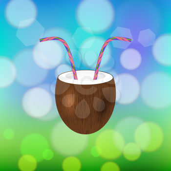 Coconut Juice with Straw on Colored Blurred Background.