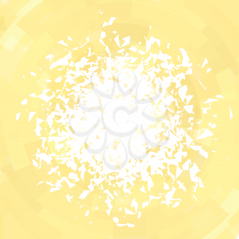 Explosion Cloud of White Pieces on Yellow Background. Sharp Particles Randomly Fly in the Air.