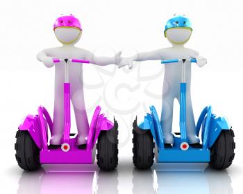 3d people in riding on a personal and ecological transport in helmet and holding hands. Concept of partnership