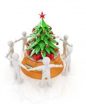 3D human around gift and Christmas tree on a white background