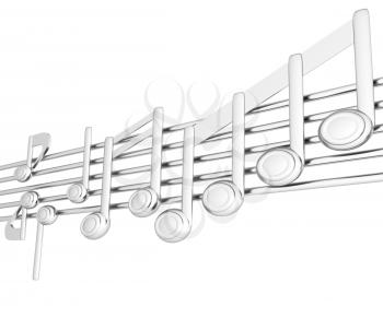 Various music notes on stave. Metall 3d