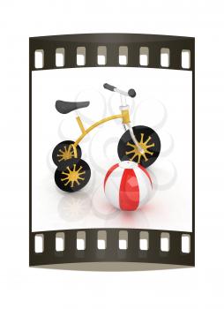 children's bike with colorful aquatic ball on white background. The film strip